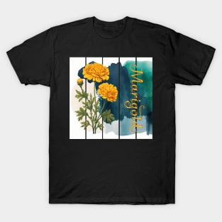 A beautiful design with a vintage Marigold flower and intricate text.  Background with watercolor art T-Shirt